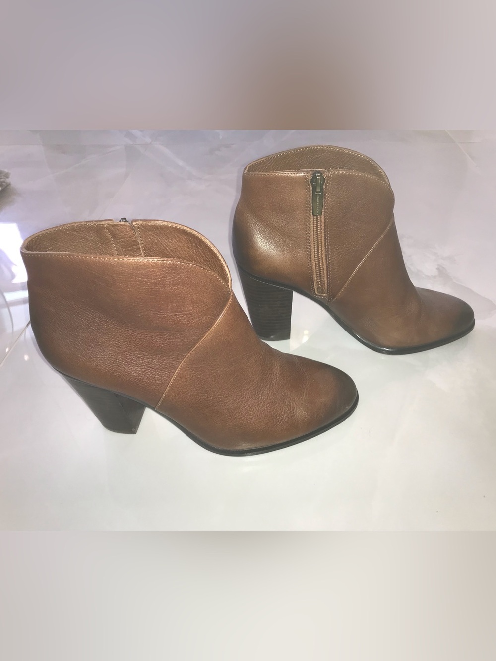 Vince Camuto Cognac Leather Ankle Booties with Stacked Heel